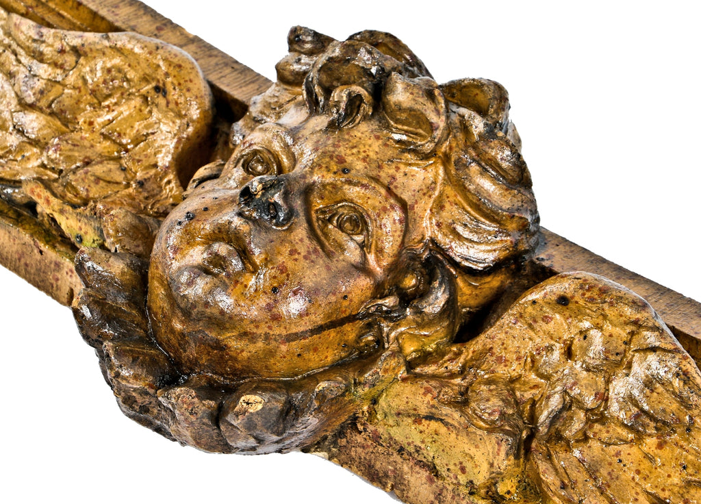 rare museum-quality largely intact st. boniface school exterior pilaster capital speckled terra cotta figural cherub with wings