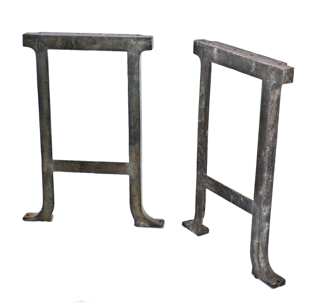 pair of original and intact antique american industrial robust cast iron chicago factory machine shop legs or bases with brushed metal finish