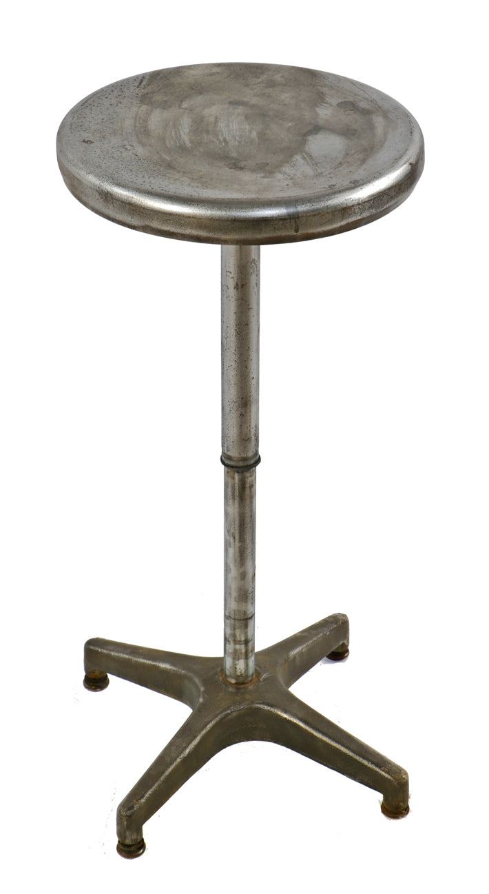 early american vintage industrial "adjustrite" army green enameled telescoping factory workbench stool with intact backrest