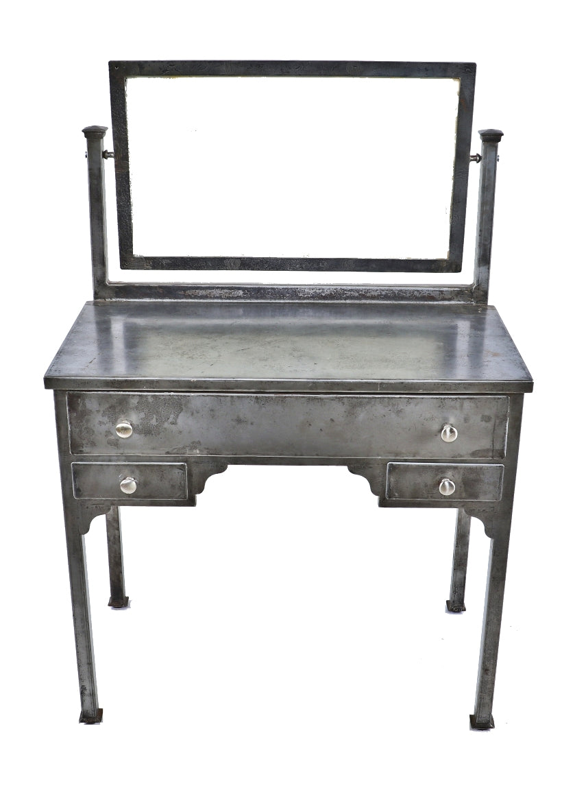 hard to find all original american depression-era highly desirable size multi-drawer simmons side table or vanity with original and intact pivoting mirror and metal frame