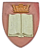 historically important glazed polychrome ornamental terra cotta r.r. donnelley printing plant exterior facade shield with open book and crown
