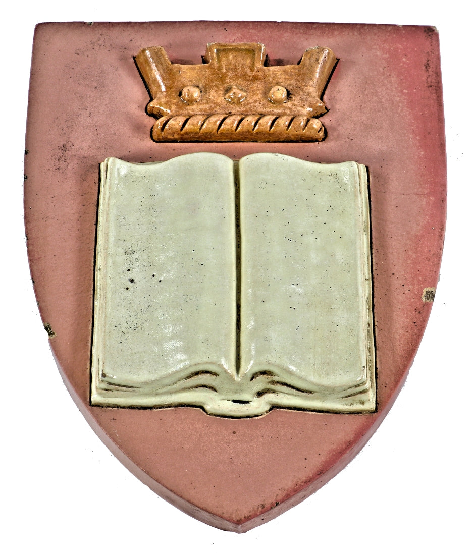 historically important glazed polychrome ornamental terra cotta r.r. donnelley printing plant exterior facade shield with open book and crown