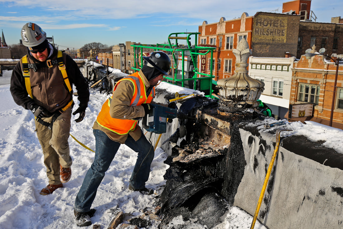 original museum-quality c. 1920's salvaged chicago milwaukee avenue motor sales company oversized mottled terra cotta urn with floral finial