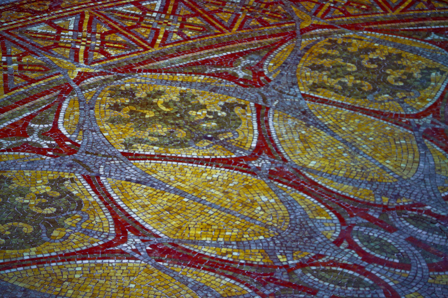 historically important original 1891 garrick theater green and yellow-colored mosaic tile floor interior auditorium staircase landing fragment