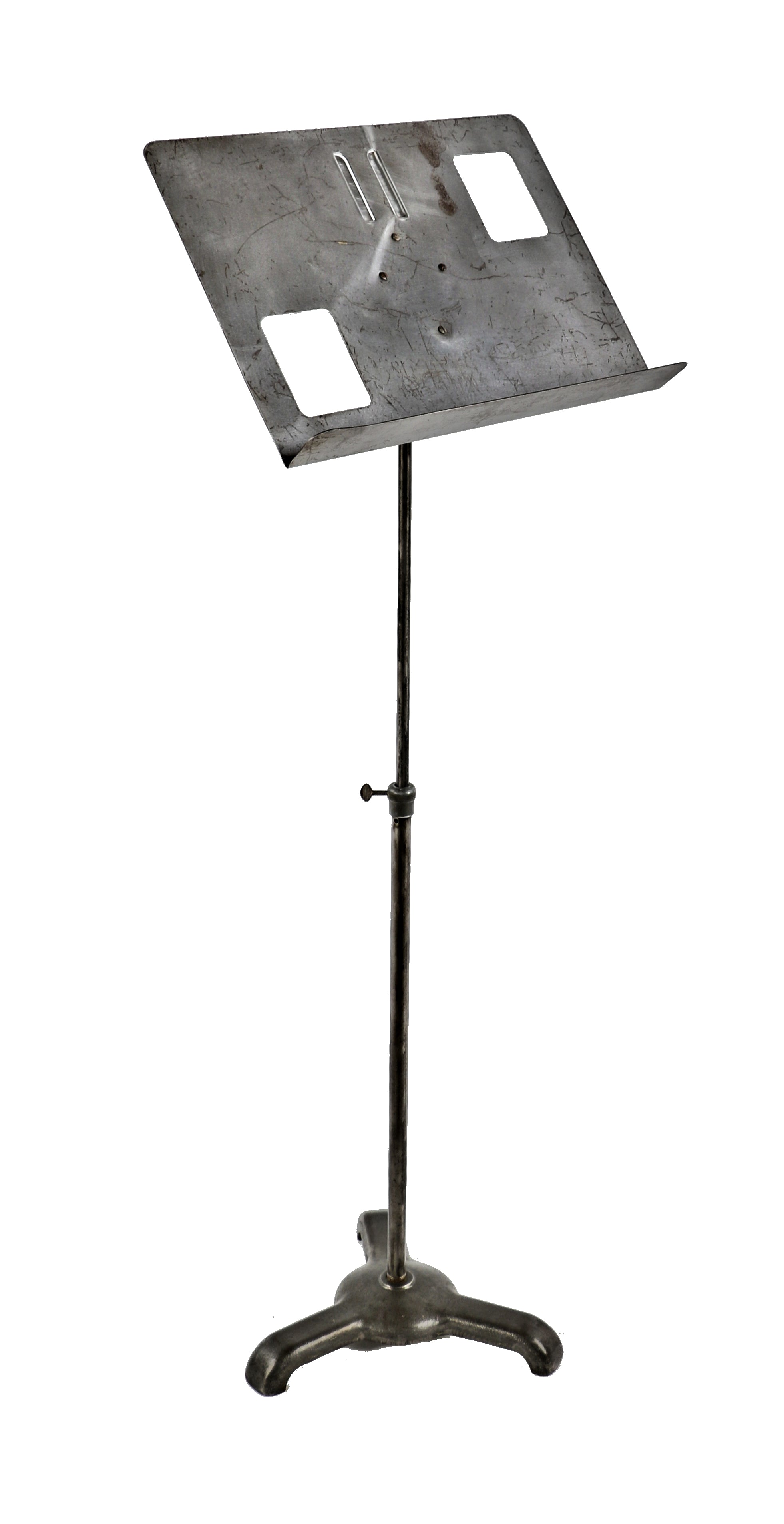 c. 1946 all original fully adjustable salvaged chicago movie theater orchestra pit brushed metal three-legged music stand with telescoping extension