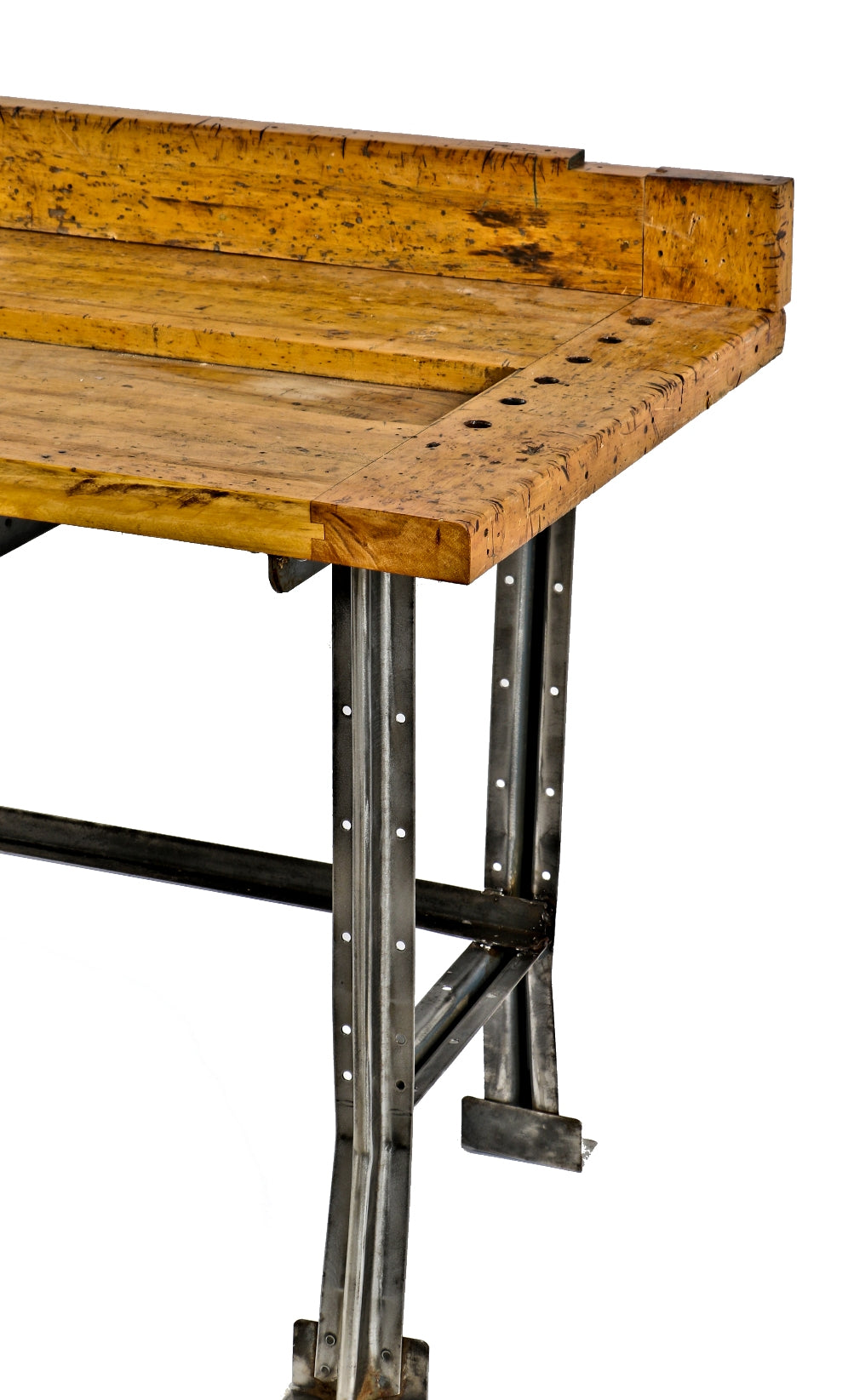 late 1930's refinished antique american industrial chicago factory machine shop workbench or table with pressed and folded steel legs or bases