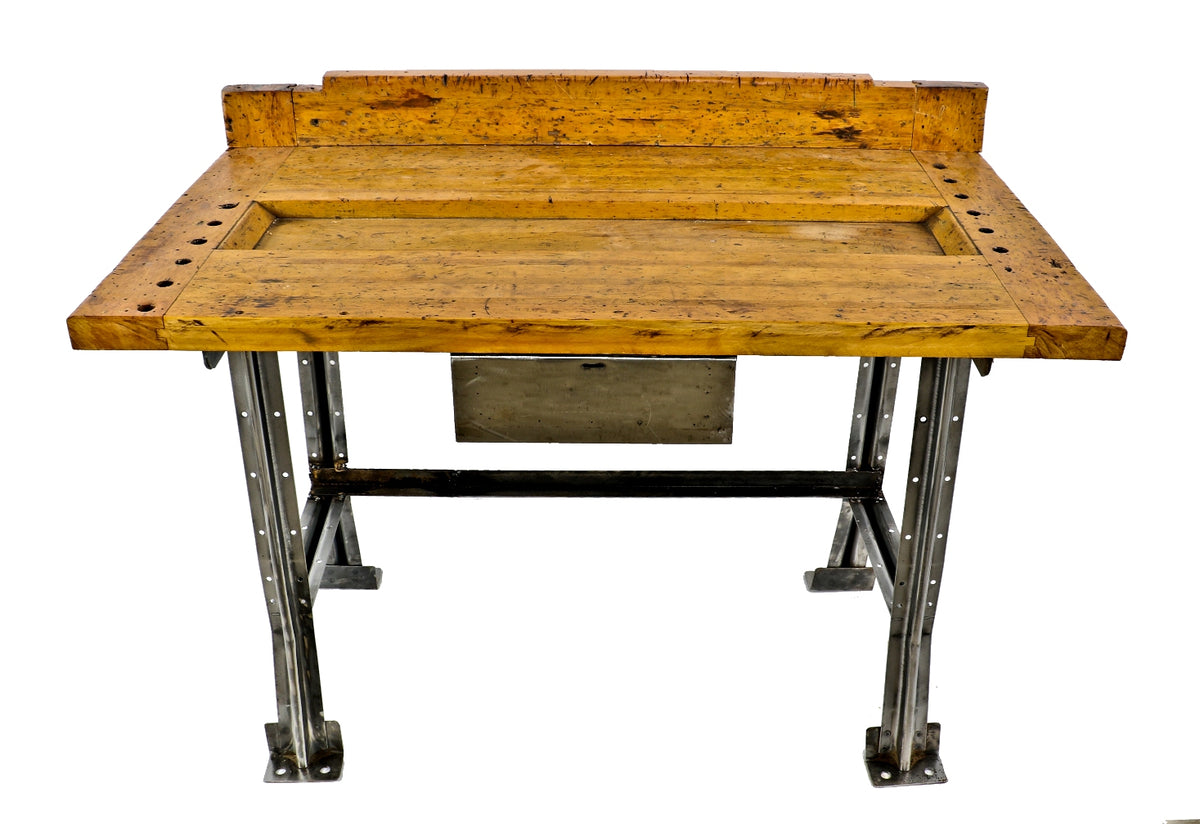 late 1930's refinished antique american industrial chicago factory machine shop workbench or table with pressed and folded steel legs or bases