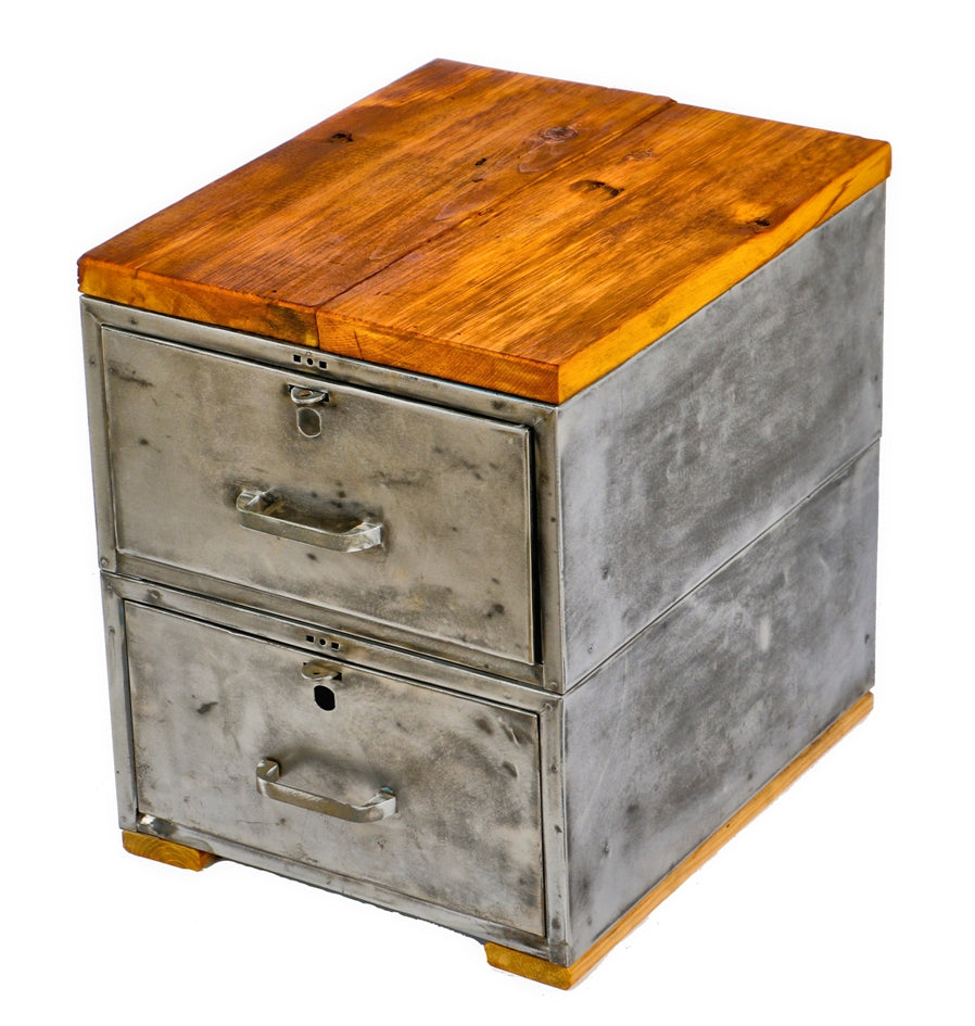 repurposed lockable c. 1950's salvaged chicago double-drawer storage cabinet or side table with brushed metal finish and newly added wood top and skid feet
