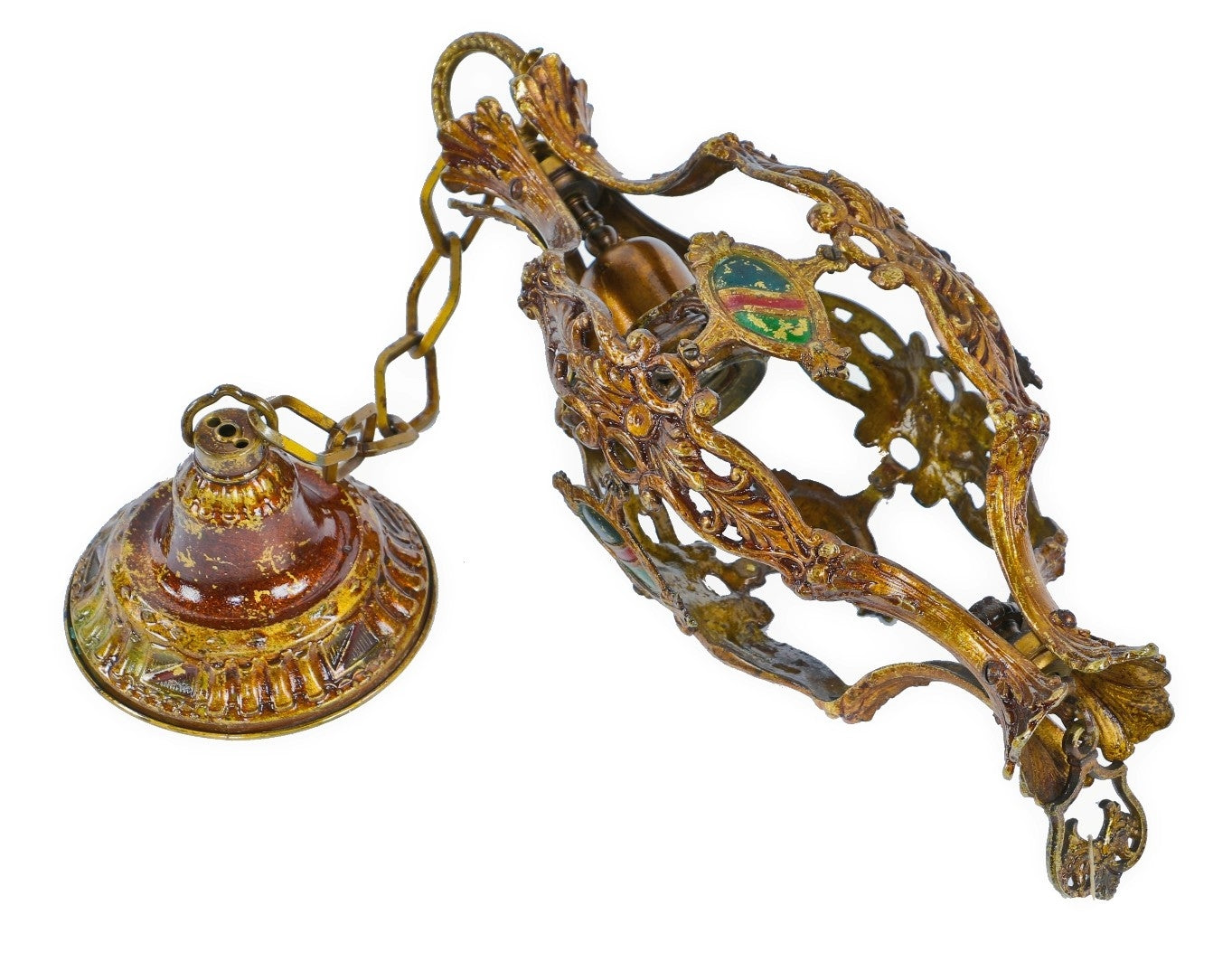 early 20th century original and intact polychromed ornamental cast brass interior residential salvaged chicago pendant light fixture with original canopy and finial