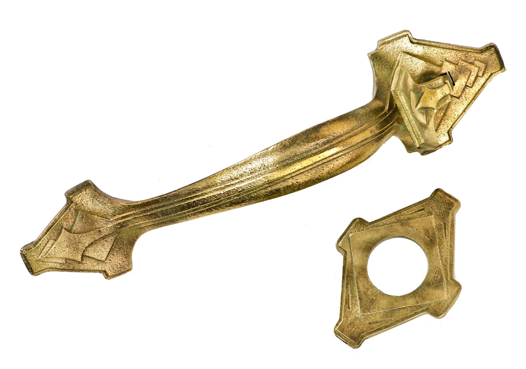 highly sought after c. 1920's american art deco style exterior ornamental cast brass salvaged chicago thumblatch door handle with matching key cylinder rosette