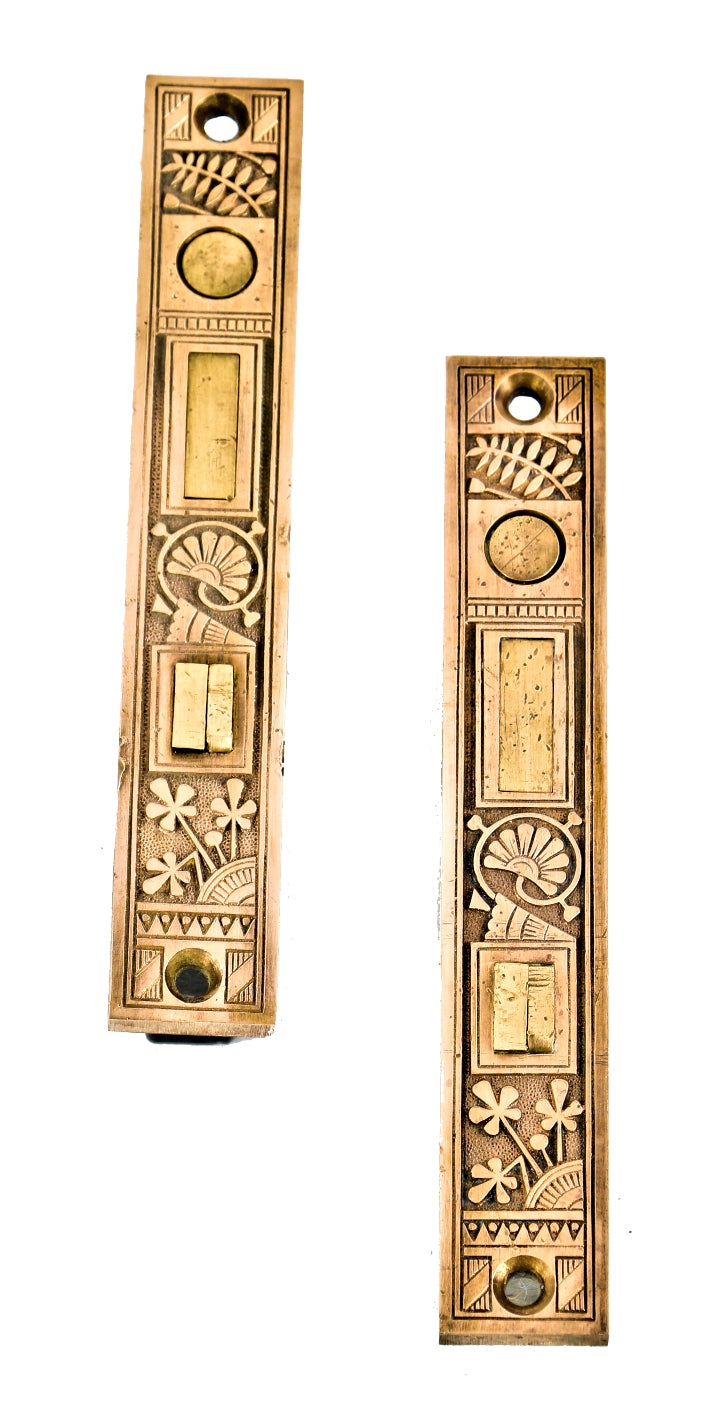 original early 1880's salvaged chicago eastlake style hard to find pocket door mortise locks with intact cast bronze ornamental face plates