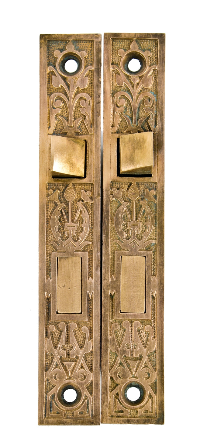 two matching all original c. 1880's antique american interior residential passage door mortise locks with ornamental brass face plates
