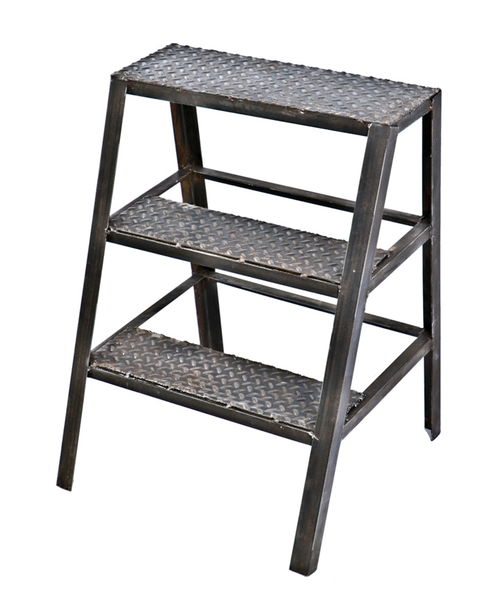 original c. 1940's well-constructed salvaged chicago train yard stationary angled steel stepladder with mostly uniform brushed metal finish