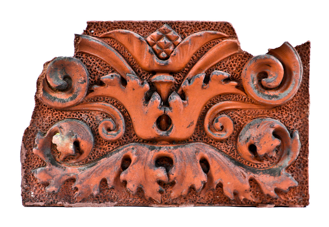 original historically important c. 1888 red slip glaze presbyterian hospital daniel a. jones building exterior ornamental terra cotta frieze panel fragment