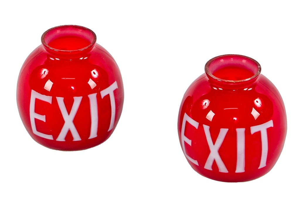 one of two original late 19th or early 20th century ruby red diminutive etched glass ceiling or wall-mount exit light fixture shade with white lettering