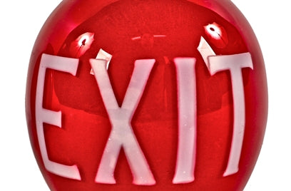 original late 19th or early 20th century ruby red diminutive etched glass ceiling or wall-mount exit light fixture shade with white lettering