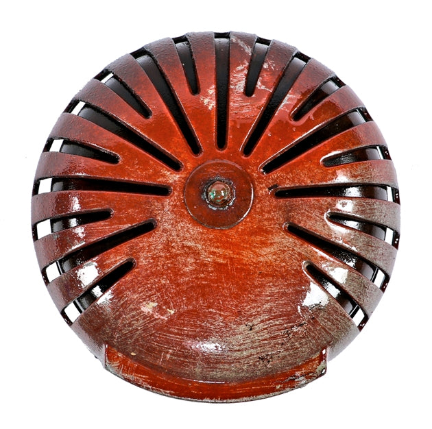 original and intact vintage american industrial grinnell company "automatic sprinkler" exterior building facade alarm bell with distressed red paint finish
