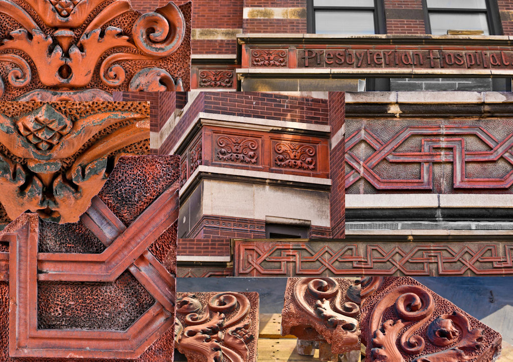 original historically important c. 1888 red slip glaze presbyterian hospital daniel a. jones building exterior ornamental terra cotta frieze panel fragment