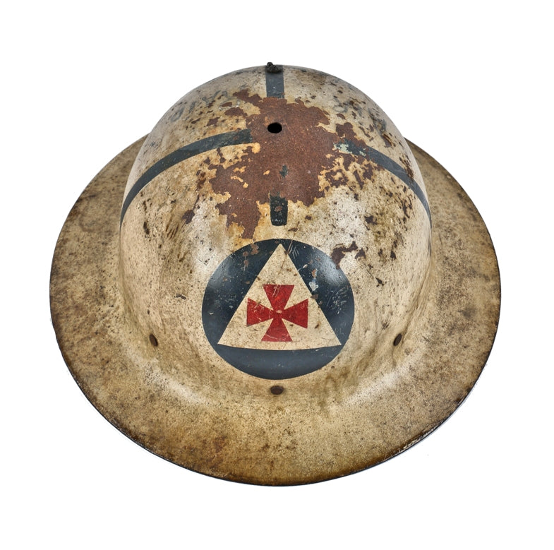 original c. 1950's or 1960's hard to find milwaukee fire department air raid shelter civil defense hard hat with hand-painted red maltese cross