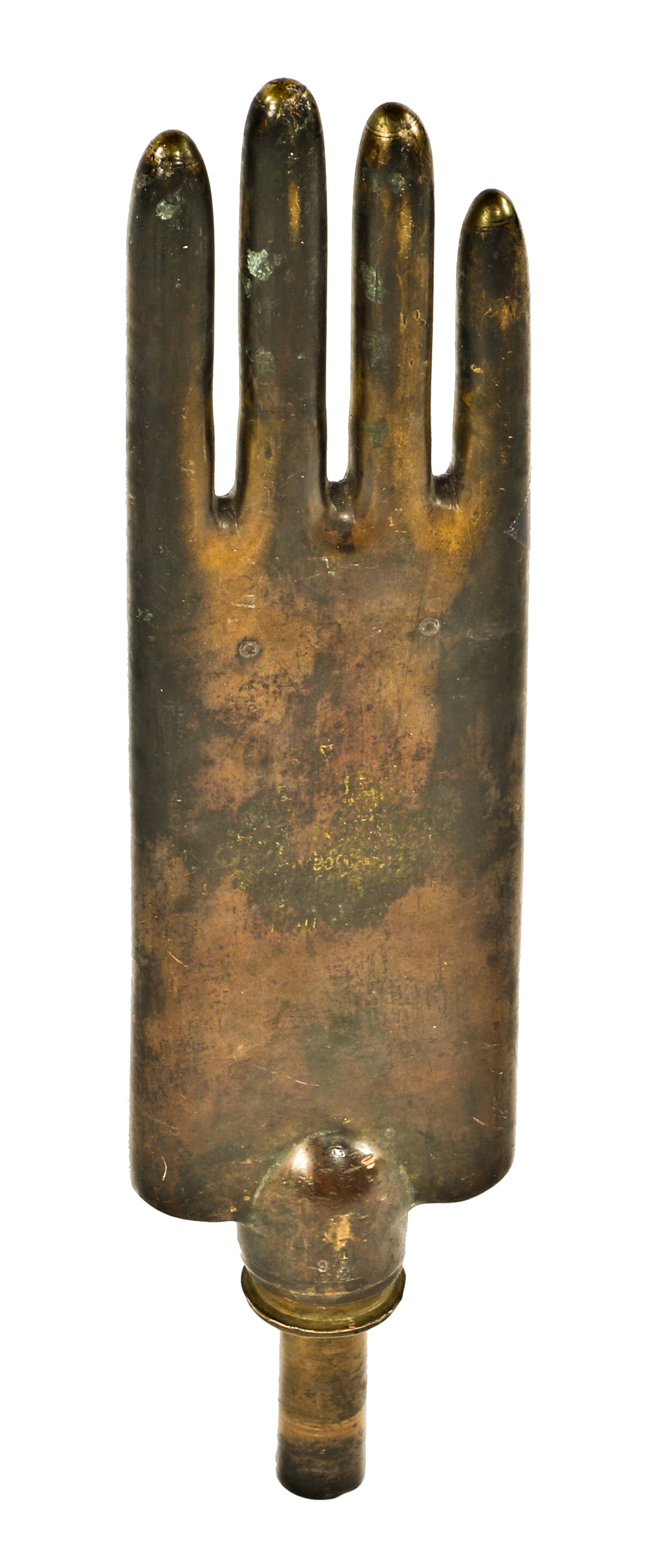 original and rare early 20th century heavy cast bronze four-finger milwaukee tannery oversized glove mold with integrated fitting for steam heat