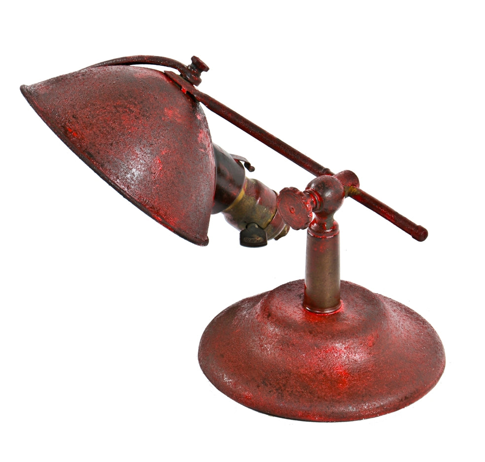 original early american industrial fully adjustable "lyhne" portable desk or table rewired lamp with weathered and worn red paint finish