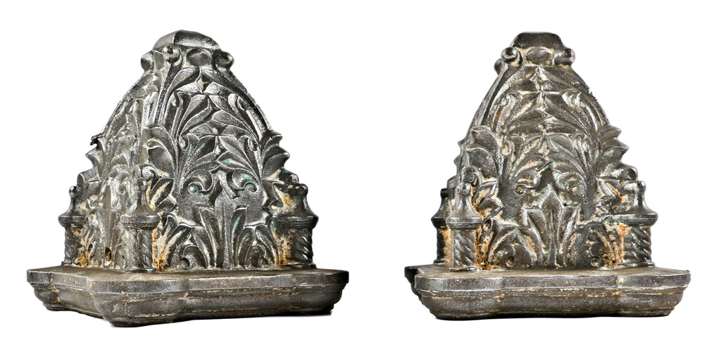 matching set of original 19th century antique american heavily ornamented cast iron brushed metal chicago commercial building newel post caps