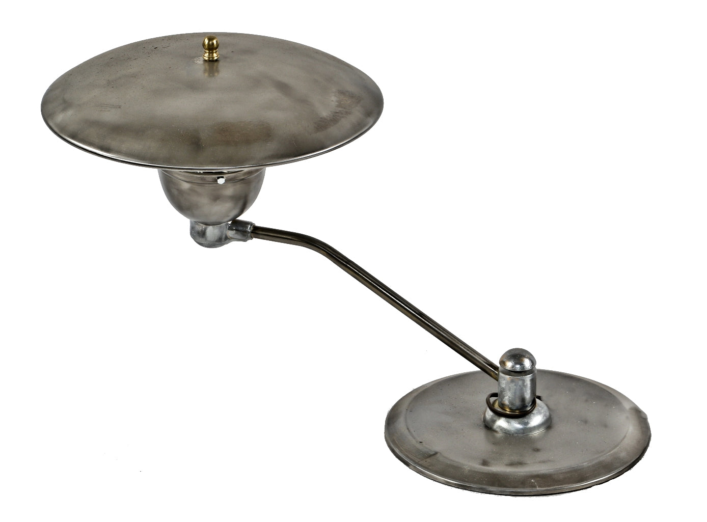 classic late 1940's or early 1950's "flying saucer" style atomic age "sight light" table or desk lamp with a sealed brushed metal finish