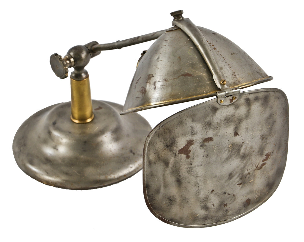 refinished early american industrial fully adjustable "lyhne" portable desk or table lamp with fully functional rotating light "guard" or reflector