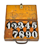 rare early 20th century antique american industrial "new old stock" stamped metal residential or commercial address numbers with box and nails