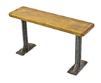 completely refinished late 1930's american industrial low-lying stationary "pollard brothers" cast iron and maple wood refinished a. finkl & sons foundry locker room bench