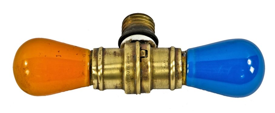 one of four matching fully functional c. 1910 patented brass shell benjamin rotating dual socket extensions for use with two incandescent light bulbs