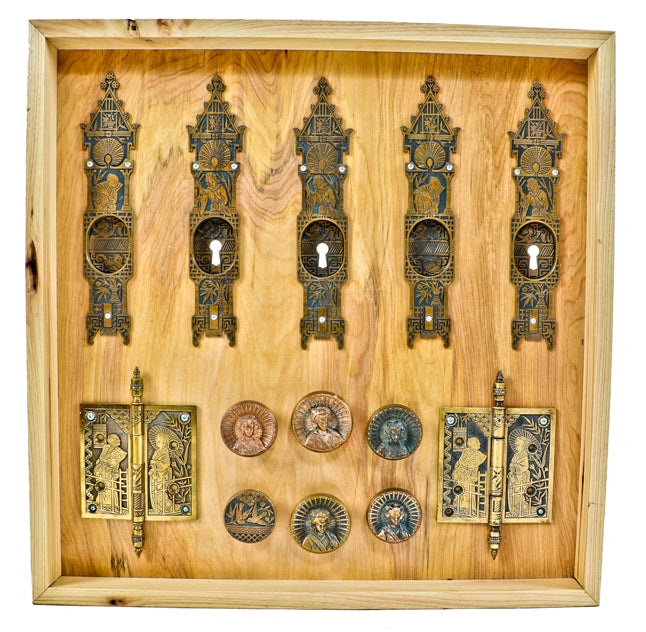 exceptional 19th century all original antique american anglo-japanese style ornamental cast bronze hardware collection mounted in custom-built frame