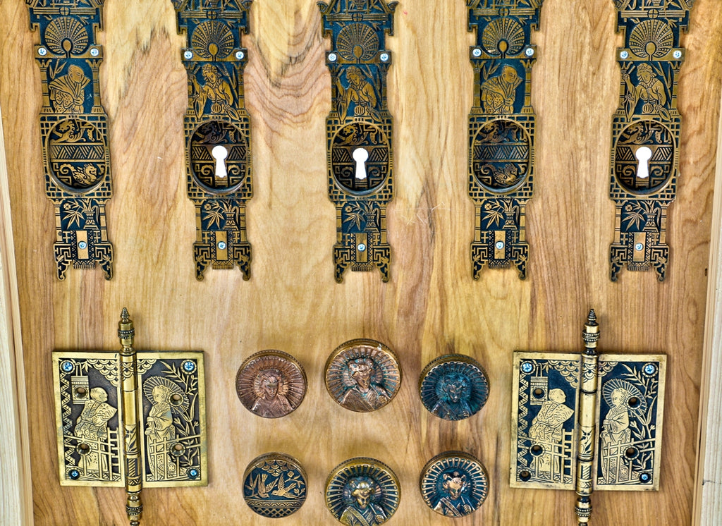 exceptional 19th century all original antique american anglo-japanese style ornamental cast bronze hardware collection mounted in custom-built frame