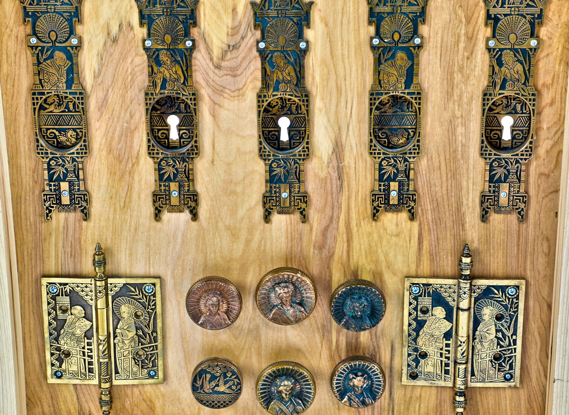 exceptional 19th century all original antique american anglo-japanese style ornamental cast bronze hardware collection mounted in custom-built frame