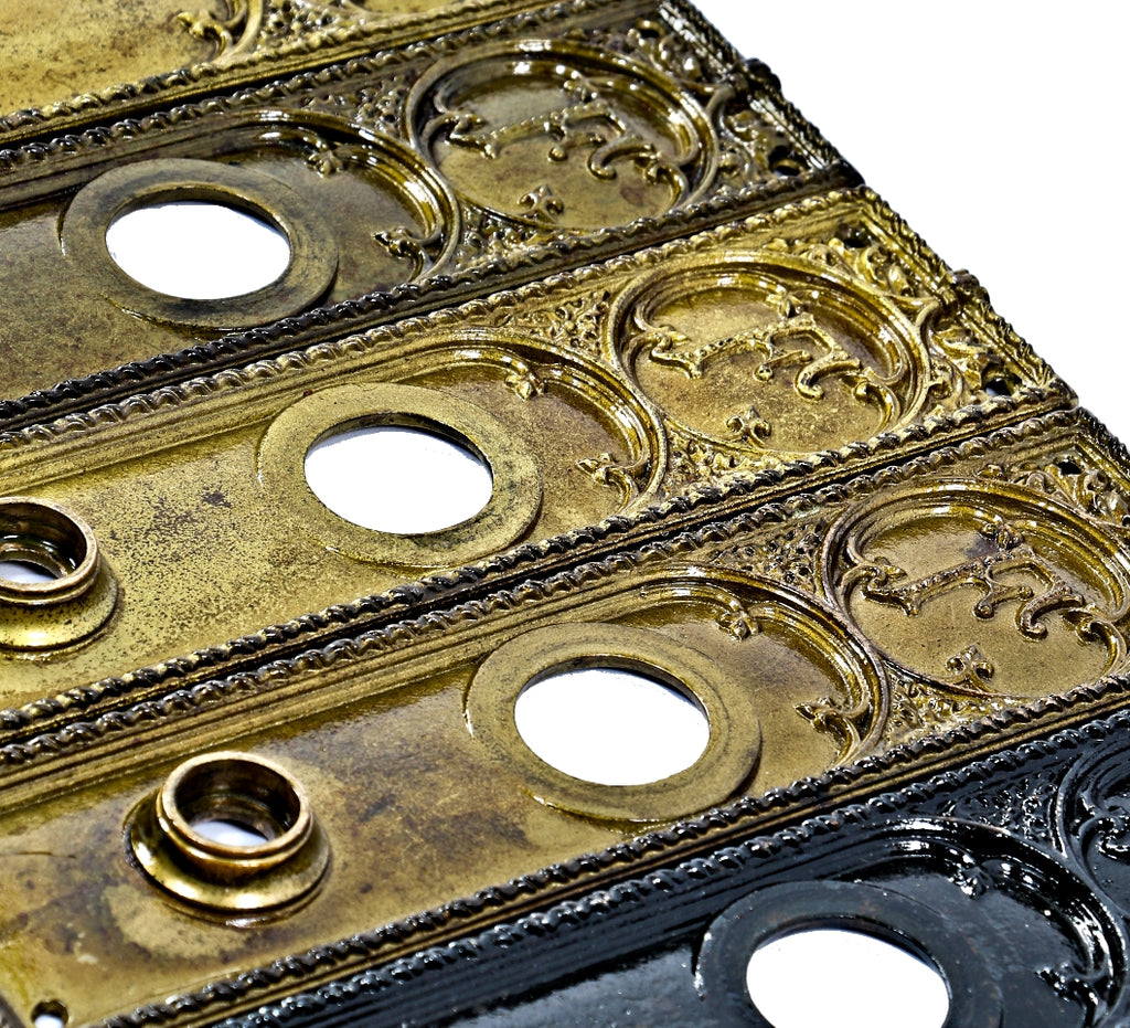 large lot of original late 19th century ornamental cast iron interior historic fisher building monogrammed office door backplates in various old finishes
