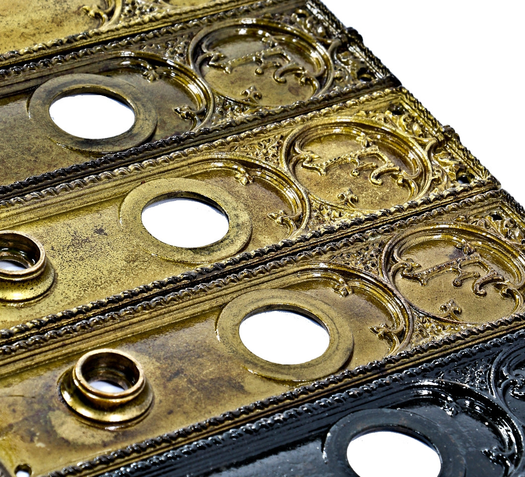 large lot of original late 19th century ornamental cast iron interior historic fisher building monogrammed office door backplates in various old finishes