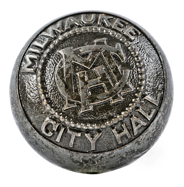 hard to find late 19th century ornamental cast iron emblematic "screwless spindle" monogrammed milwaukee city hall doorknob with bower-barff finish