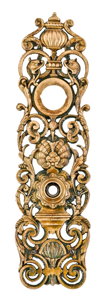 exceptional antique american salvaged chicago ornamental cast bronze "la grande" pattern perforated entrance door backplate with mostly uniform finish