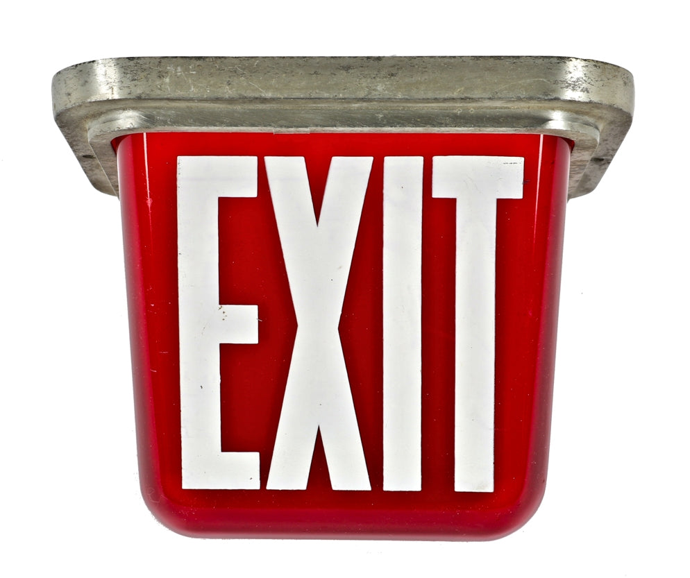 all original double-sided american ruby red glass illuminated single electric ceiling mount exit light fixture with spun aluminum "stepped" shade fitter