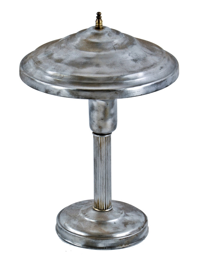 original c. 1940's american depression era stamped or pressed metal table or desk lamp with "flying saucer" rolled rim shade and cast brass finial