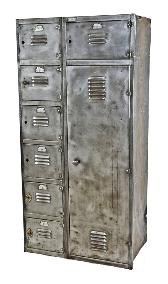 completely refinished early 20th century antique american industrial salvaged chicago wrigley chewing gum factory oversized cold-rolled iron locker