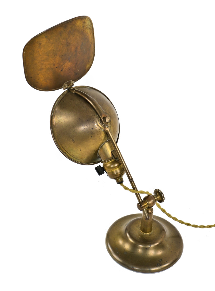 remarkably intact early american industrial fully adjustable "lyhne" portable desk or table lamp with bulbous socket and rotating reflector