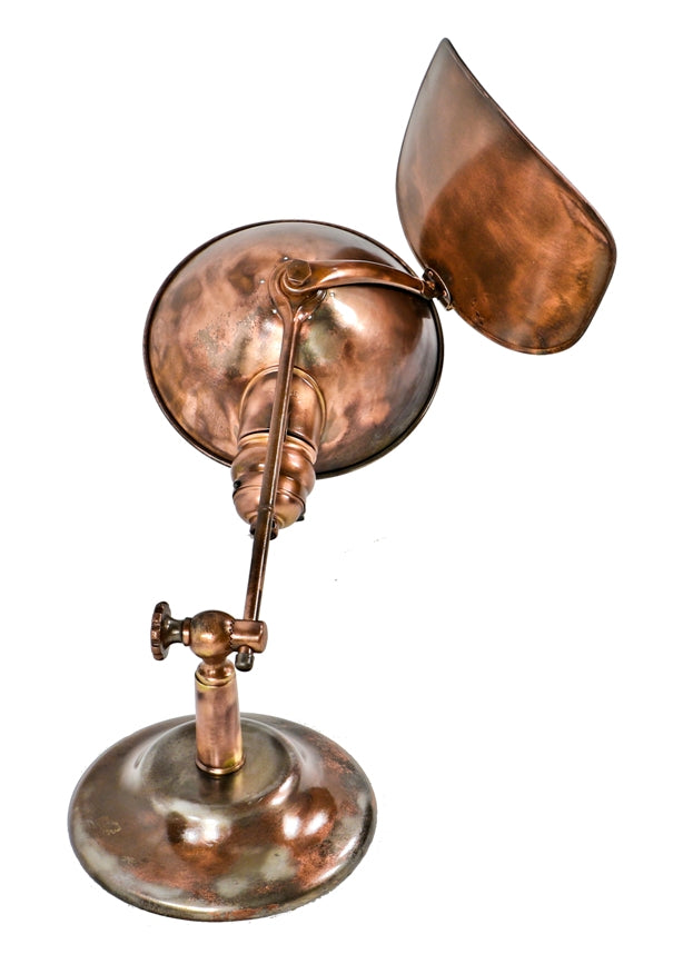 fully functional early american industrial fully adjustable "lyhne" portable desk or table lamp with bulbous socket housing and rotating reflector
