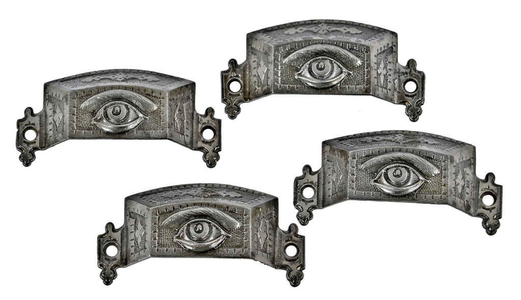 group of four all original and highly sought after original 19th century antique american ornamental cast iron "all seeing eye" bin or drawer pulls
