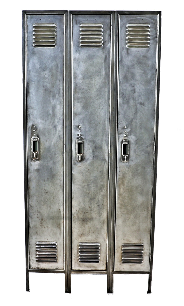 c. 1940's american vintage industrial brushed metal freestanding triple-unit factory lunchroom locker with louvered hinged doors