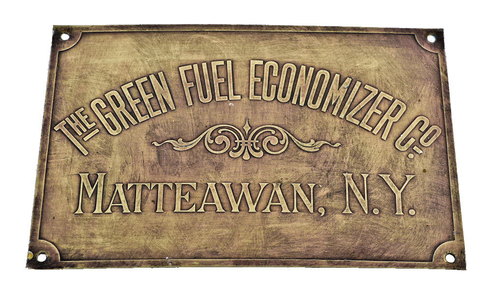oversized early 20th century ornamental single-sided stamped bronze "green fuel economizer" company exhauster plate or plaque with lightly embossed lettering
