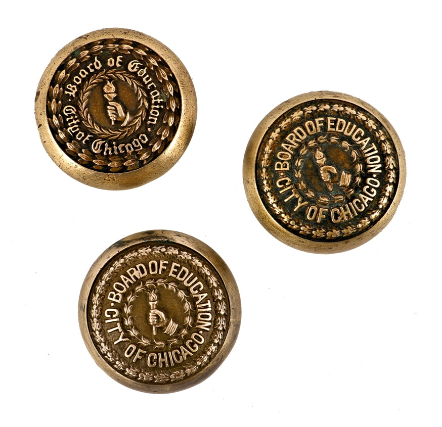 one of three original early 20th century ornamental cast brass emblematic city of chicago board of education administration building doorknobs with torch in hand