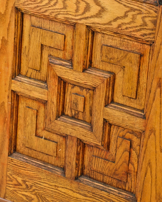 matching set of well-maintained salvaged chicago 1880's salvaged oak wood paneled entrance doors with original beveled edge clear plate glass