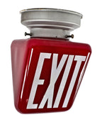 completely intact double-sided c. 1930's antique american flush mount ruby red glass double-sided ceiling exit light fixture with original steel fitter