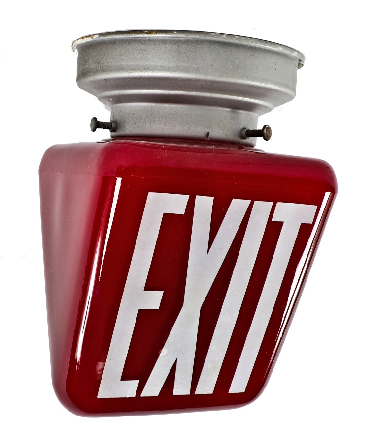 completely intact double-sided c. 1930's antique american flush mount ruby red glass double-sided ceiling exit light fixture with original steel fitter